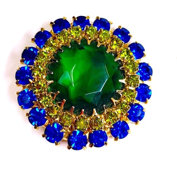1950's Austria Brooch Rhinestone Glass Blue large Green Faced Stone Brooch - Picture 1 of 9